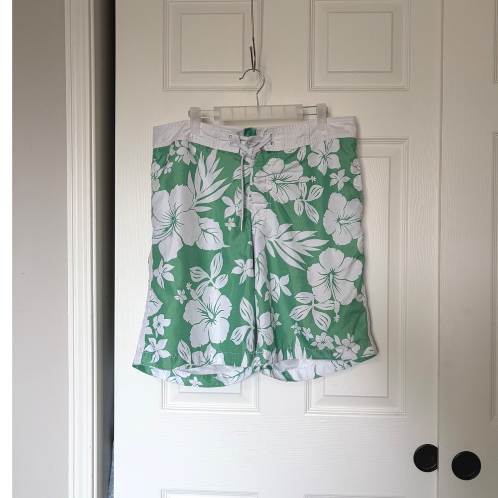 Old Navy Mens Green Hibiscus Floral Board Shorts Swim Trunks Large 9 Inch Inseam